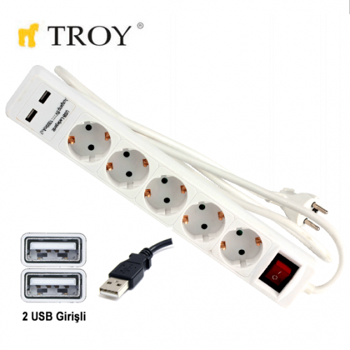 TROY 24025 USB Girişli Beşli Grup Priz ve Uzatma Kablosu