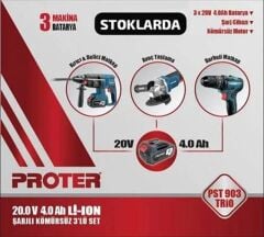 Proter PST 903 Trio Akülü Delici Kırıcı + Darbeli Matkap + Avuç Taşlama 3'lü Set