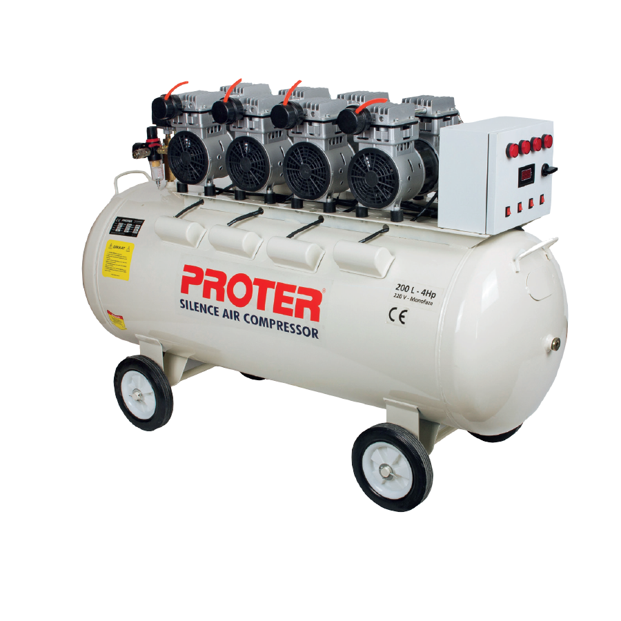 Proter 200 Lt Sessiz Yağsız 4 Kafa Monofaze Panolu Hava Kompresörü